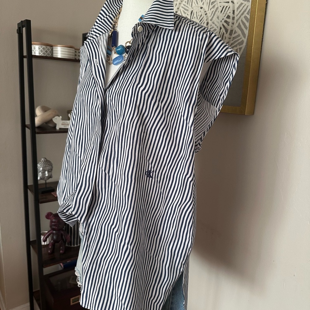 Calvin Klein Blue and White Striped Button Down Shirt - Picture 3 of 10